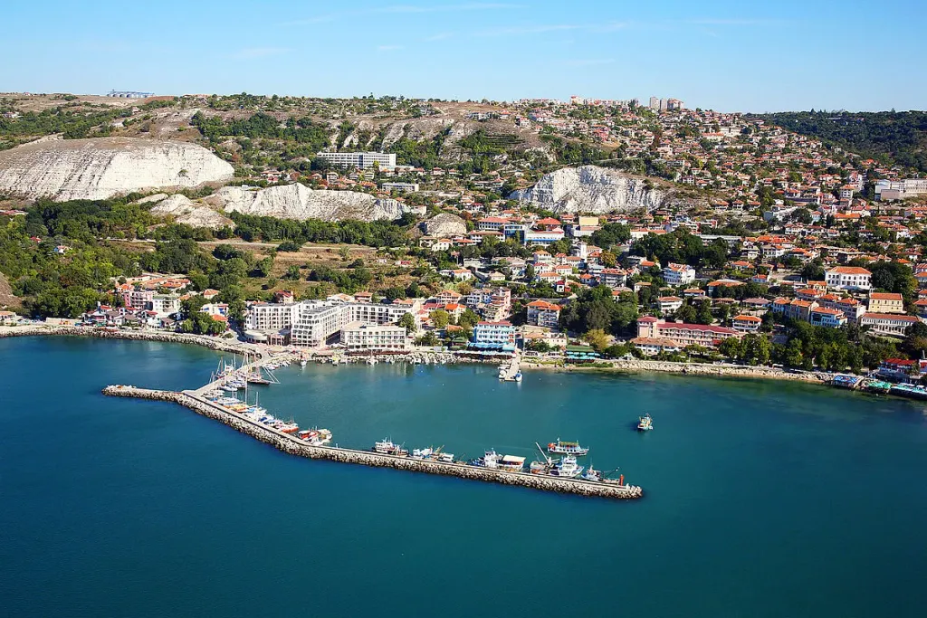 Aerial view of Balchik and its harbour on the Black Sea coast