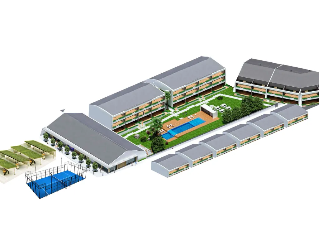 Illustration of the Blacksea Gardens residence complex with pool, gardens and courtyard