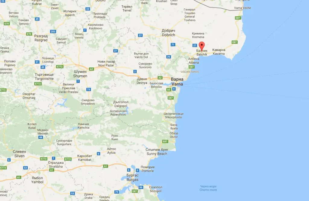 Map of the Black Sea coast showing Balchik's location north of Varna